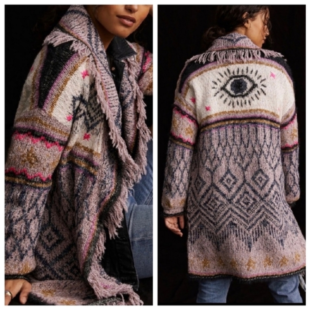 Pilcro Evil Eye Fringe Cardigan